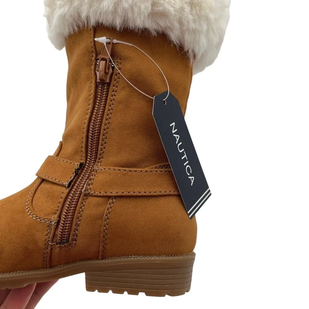 Nautica Little Girls Fashion‎ Tall Boots Size 13 Brown Vegan Suede Faux Fur Trim